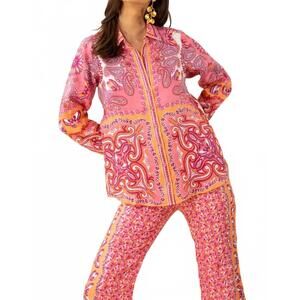 NEW HALE BOB harlee border print linen long sleeve blouse top in magenta